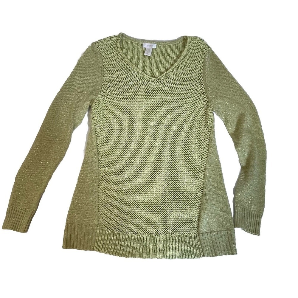 Chicos V-Neck Sweater Womens 0 Small Green Metallic Shimmer Open Knit Pullover